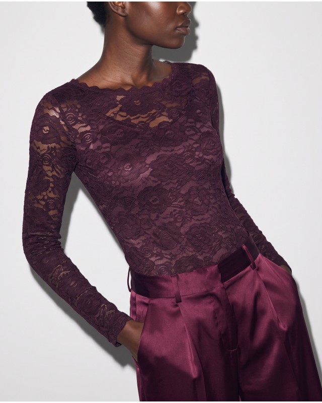 Floral Lace Bodysuit με Λαιμόκοψη Χαμόγελο plum