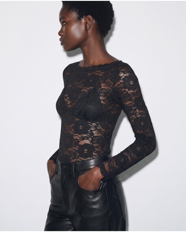 Floral Lace Bodysuit με Λαιμόκοψη Χαμόγελο black