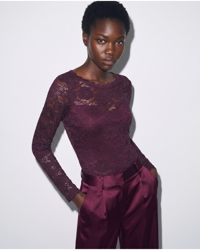 Floral Lace Bodysuit με Λαιμόκοψη Χαμόγελο plum