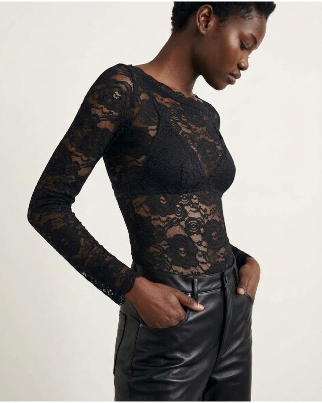 Floral Lace Bodysuit με Λαιμόκοψη Χαμόγελο black