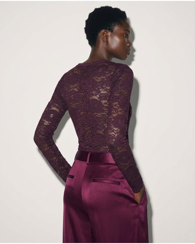 Floral Lace Bodysuit με Λαιμόκοψη Χαμόγελο plum