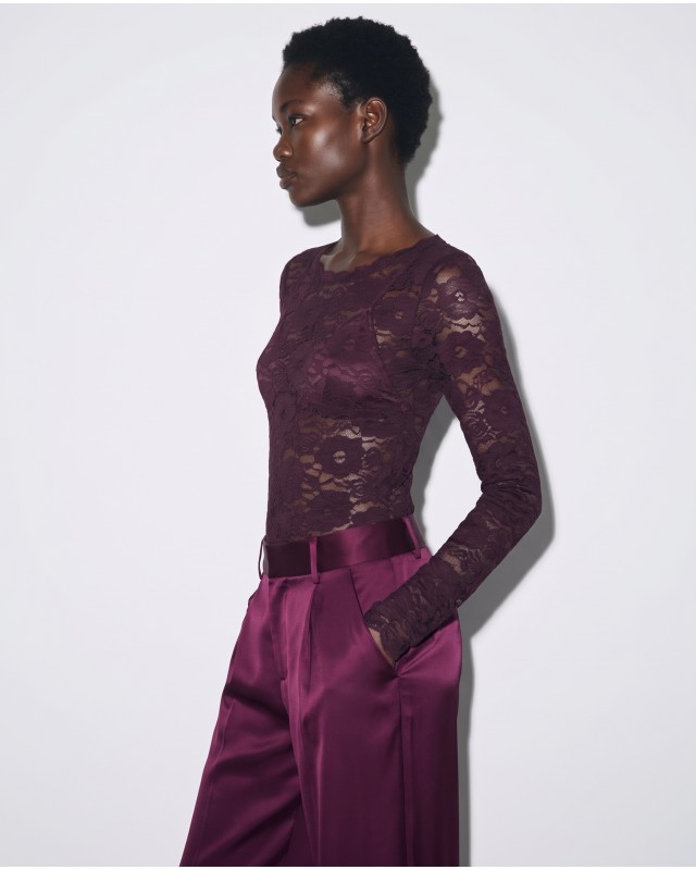 Floral Lace Bodysuit με Λαιμόκοψη Χαμόγελο plum