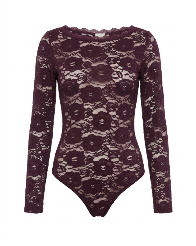 Floral Lace Bodysuit με Λαιμόκοψη Χαμόγελο plum