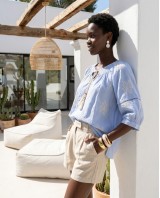 Striped Boho Embroidered Blouse blue