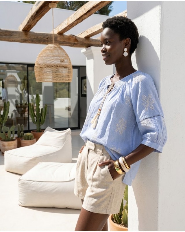 Striped Boho Embroidered Blouse blue
