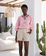 Striped Boho Embroidered Blouse pink