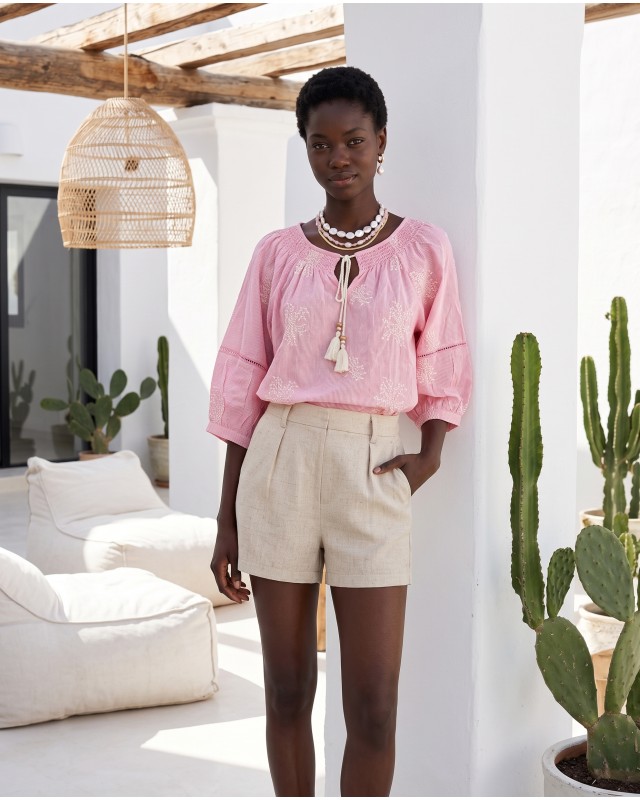 Striped Boho Embroidered Blouse pink