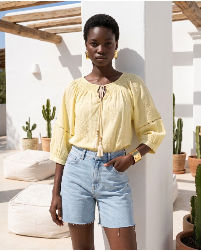 Striped Boho Embroidered Blouse yellow