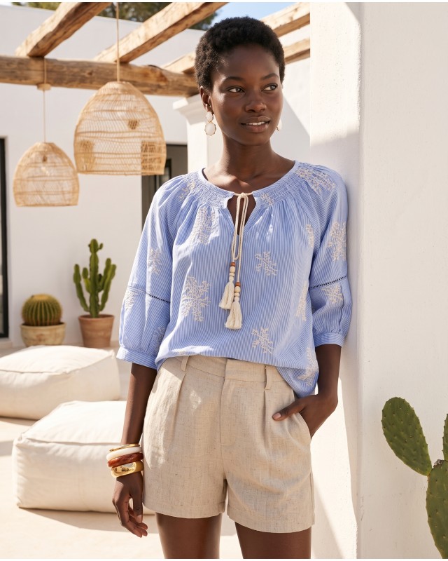 Striped Boho Embroidered Blouse blue