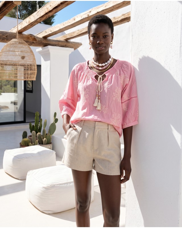 Striped Boho Embroidered Blouse pink