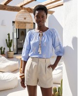 Striped Boho Embroidered Blouse blue