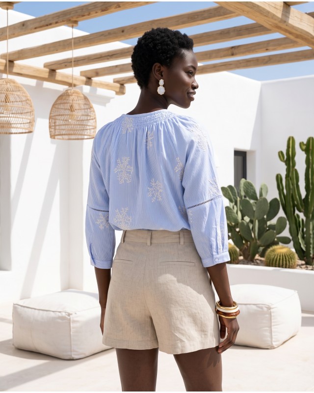 Striped Boho Embroidered Blouse blue