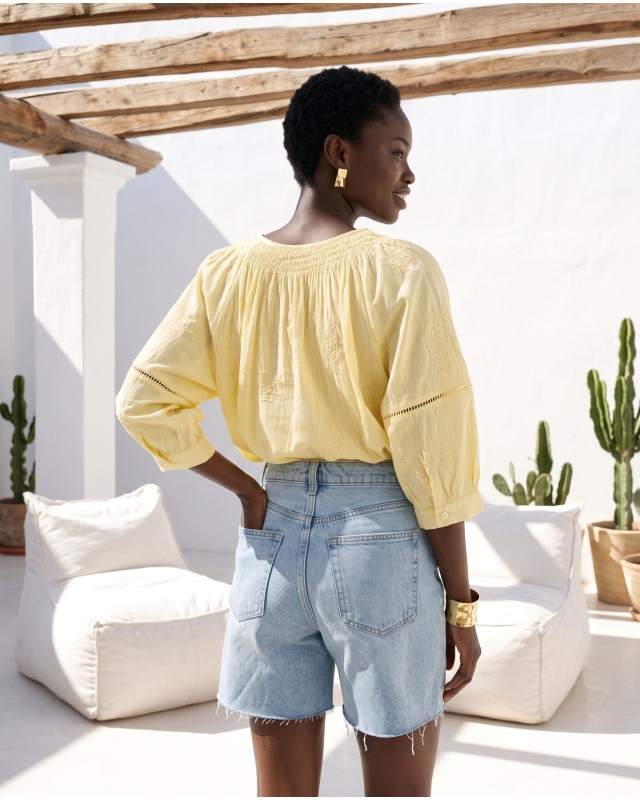 Striped Boho Embroidered Blouse yellow