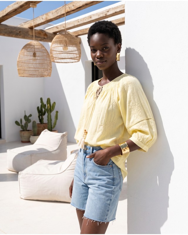 Striped Boho Embroidered Blouse yellow