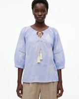 Striped Boho Embroidered Blouse blue