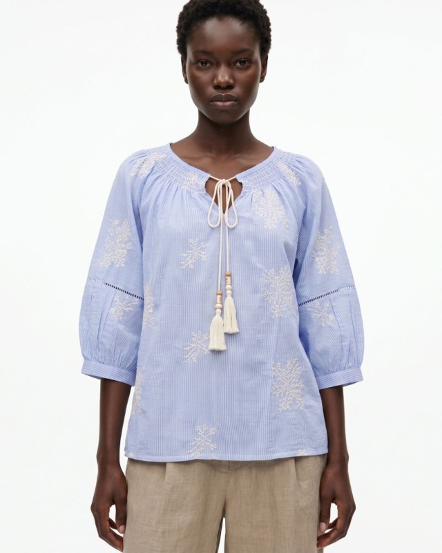Striped Boho Embroidered Blouse blue