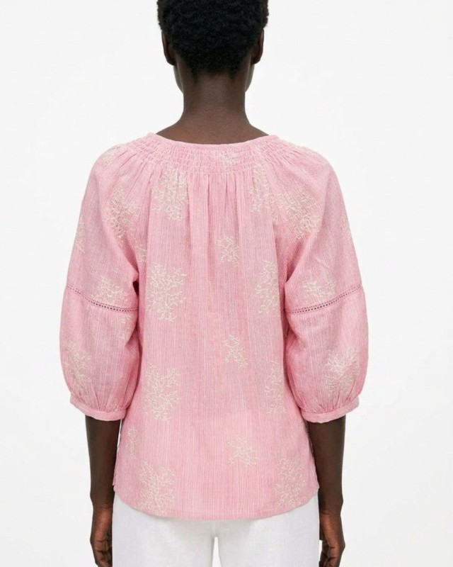 Striped Boho Embroidered Blouse pink