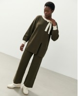 Σετ πλεκτό Μπλούζα & Παντελόνα με Λεπτομέρεια Φιόγκο olive