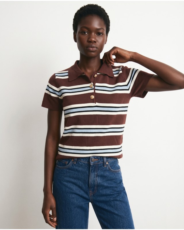 Striped Knit Polo Top - Brown & Light Blue
