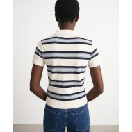 Striped Knit Polo Top - White & Navy