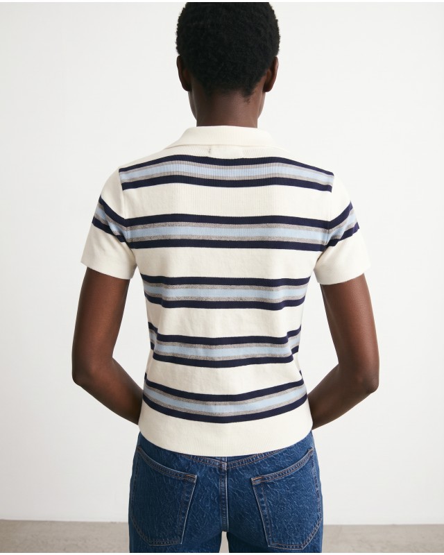 Striped Knit Polo Top - White & Navy