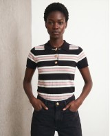 Striped Knit Polo Top - Black & Pink