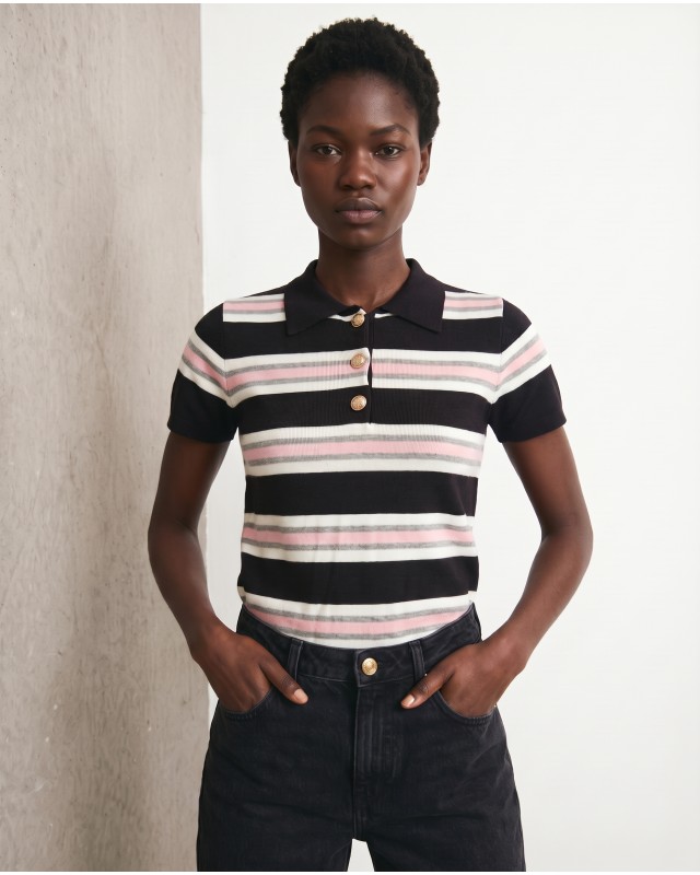 Striped Knit Polo Top - Black & Pink