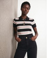 Striped Knit Polo Top - Black & Pink