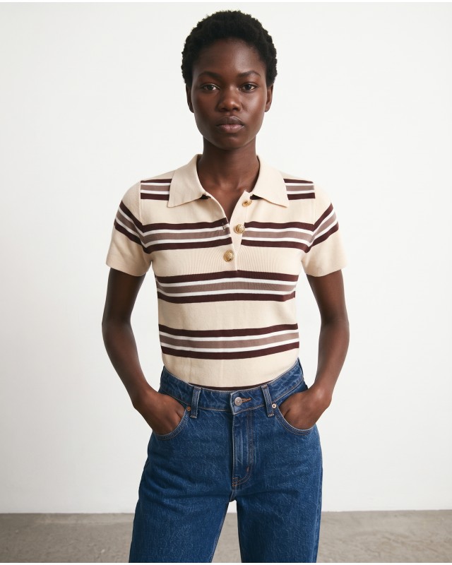 Striped Knit Polo Top - Beige & Brown