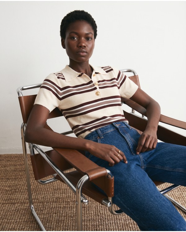 Striped Knit Polo Top - White & Navy