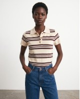 Striped Knit Polo Top - Beige & Brown