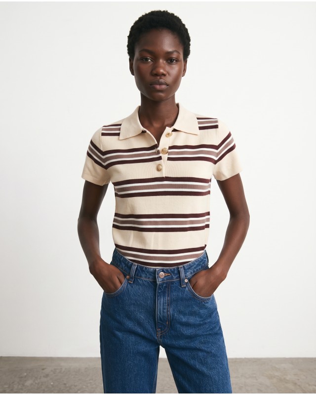 Striped Knit Polo Top - Beige & Brown