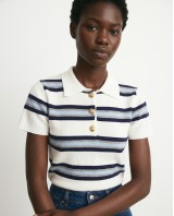 Striped Knit Polo Top - White & Navy