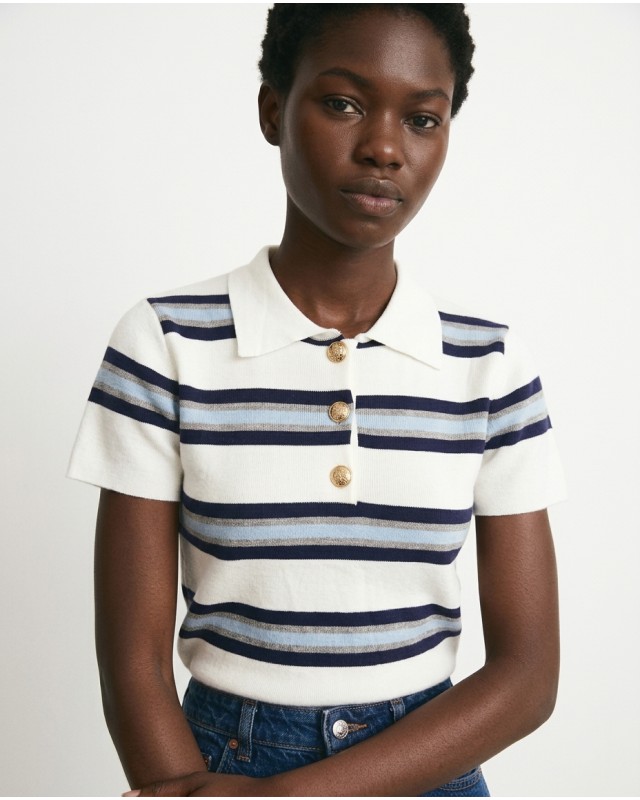 Striped Knit Polo Top - White & Navy