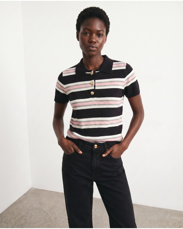 Striped Knit Polo Top - Black & Pink