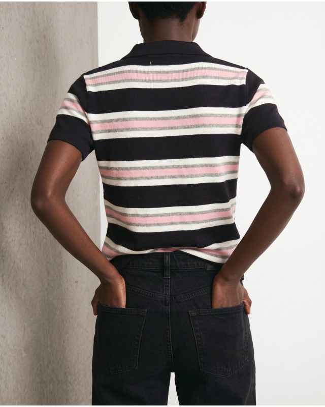 Striped Knit Polo Top - Black & Pink