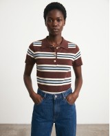 Striped Knit Polo Top - Brown & Light Blue