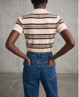 Striped Knit Polo Top - Beige & Brown