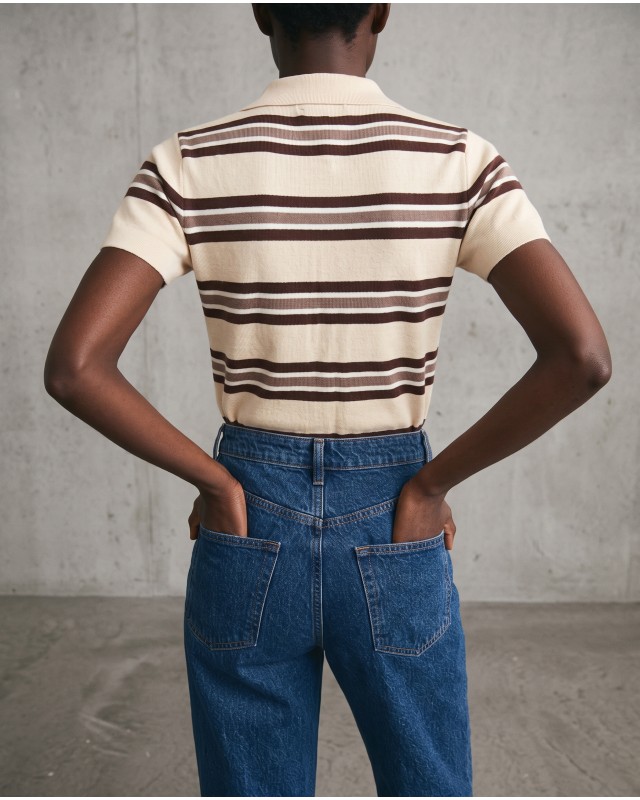 Striped Knit Polo Top - Beige & Brown