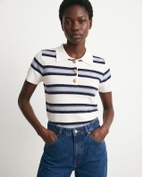 Striped Knit Polo Top - White & Navy