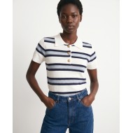 Striped Knit Polo Top - White & Navy
