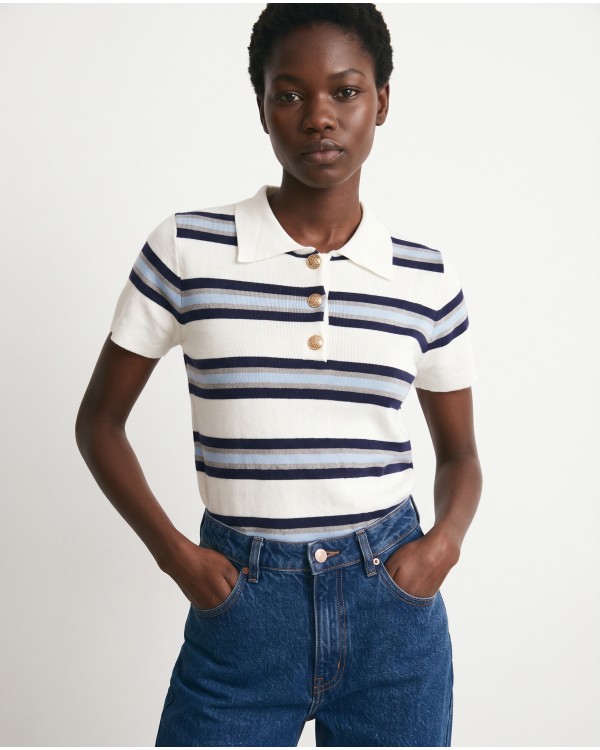 Striped Knit Polo Top - White & Navy
