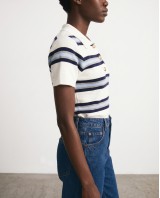 Striped Knit Polo Top - White & Navy
