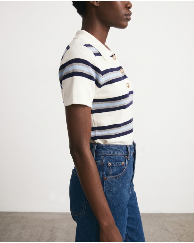 Striped Knit Polo Top - White & Navy