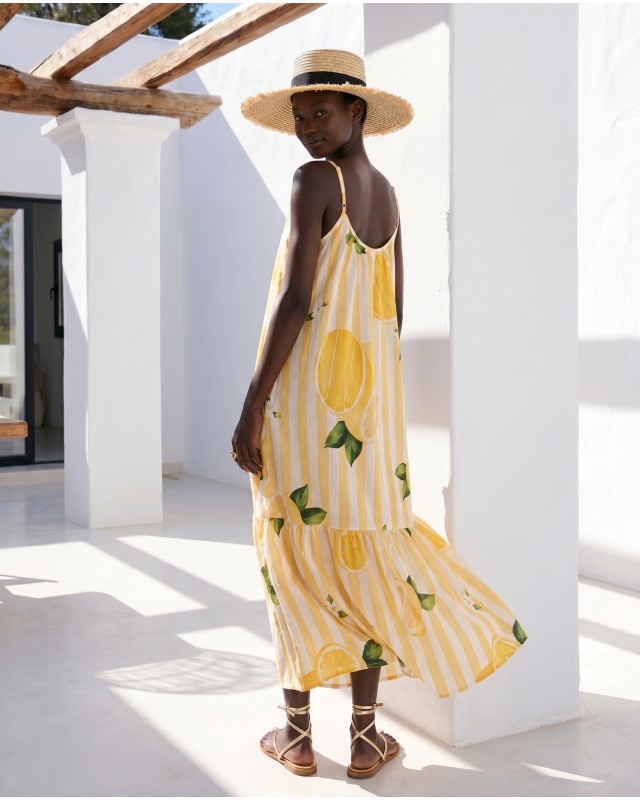 Φόρεμα τιράντα εμπριμέ με βολαν striped lemons