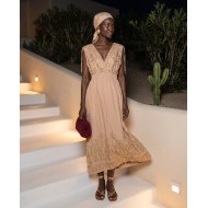 "Amara" Embroidered beige Maxi Dress