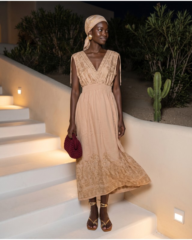 "Amara" Embroidered beige Maxi Dress
