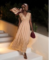 "Amara" Embroidered beige Maxi Dress