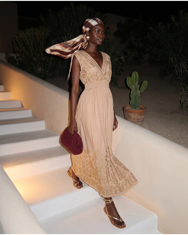 "Amara" Embroidered beige Maxi Dress