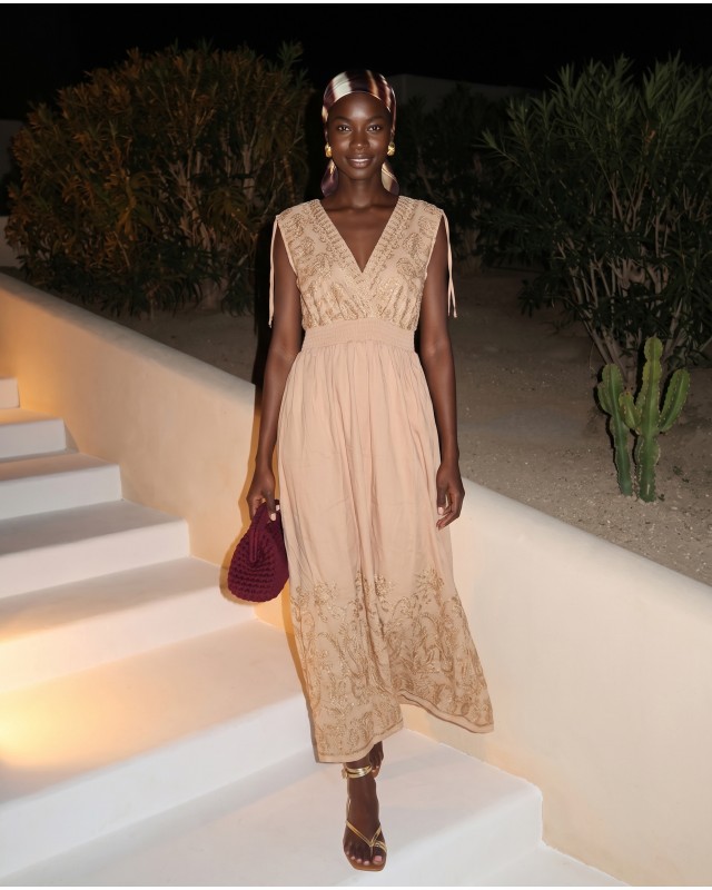 "Amara" Embroidered beige Maxi Dress